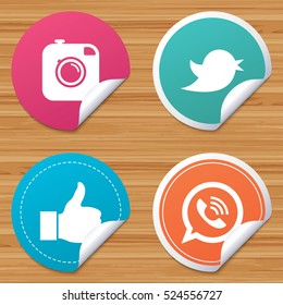 Round stickers or website banners. Hipster photo camera icon. Like and Call speech bubble sign. Bird symbol. Social media icons. Circle badges with bended corner. Vector