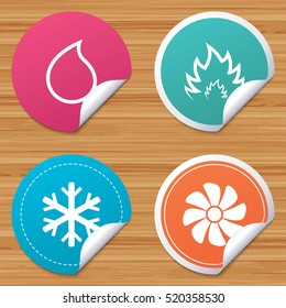 Round stickers or website banners. HVAC icons. Heating, ventilating and air conditioning symbols. Water supply. Climate control technology signs. Circle badges with bended corner. Vector