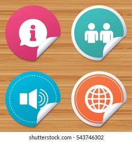 Round stickers or website banners. Information sign. Group of people and speaker volume symbols. Internet globe sign. Communication icons. Circle badges with bended corner. Vector
