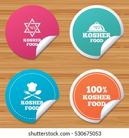 Round stickers or website banners. Kosher food product icons. Chef hat with fork and spoon sign. Star of David. Natural food symbols. Circle badges with bended corner. Vector