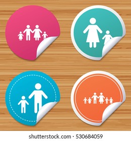 Round stickers or website banners. Large family with children icon. Parents and kids symbols. One-parent family signs. Mother and father divorce. Circle badges with bended corner. Vector