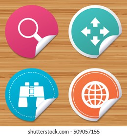 Round stickers or website banners. Magnifier glass and globe search icons. Fullscreen arrows and binocular search sign symbols. Circle badges with bended corner. Vector