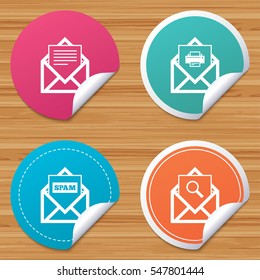 Round stickers or website banners. Mail envelope icons. Print message document symbol. Post office letter signs. Spam mails and search message icons. Circle badges with bended corner. Vector