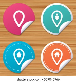 Round stickers or website banners. Map pointer icons. Home, food and user location symbols. Restaurant and cupcake signs. You are here. Circle badges with bended corner. Vector