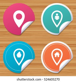 Round stickers or website banners. Map pointer icons. Home, food and user location symbols. Restaurant and cupcake signs. You are here. Circle badges with bended corner. Vector