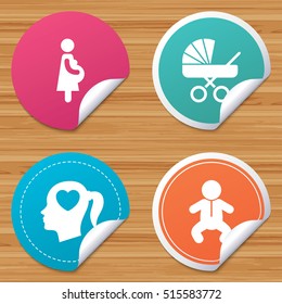 Round stickers or website banners. Maternity icons. Baby infant, pregnancy and buggy signs. carriage pram stroller symbols. Head with heart. Circle badges with bended corner. Vector