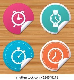 Round stickers or website banners. Mechanical clock time icons. Stopwatch timer symbol. Wake up alarm sign. Circle badges with bended corner. Vector