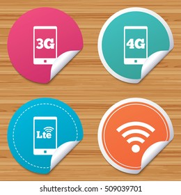 Round stickers or website banners. Mobile telecommunications icons. 3G, 4G and LTE technology symbols. Wi-fi Wireless and Long-Term evolution signs. Circle badges with bended corner. Vector