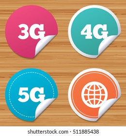 Round stickers or website banners. Mobile telecommunications icons. 3G, 4G and 5G technology symbols. World globe sign. Circle badges with bended corner. Vector