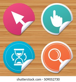 Round stickers or website banners. Mouse cursor and hand pointer icons. Hourglass and magnifier glass navigation sign symbols. Circle badges with bended corner. Vector