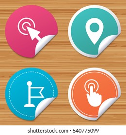 Round stickers or website banners. Mouse cursor icon. Hand or Flag pointer symbols. Map location marker sign. Circle badges with bended corner. Vector