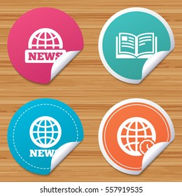 Round stickers or website banners. News icons. World globe symbols. Open book sign. Education literature. Circle badges with bended corner. Vector