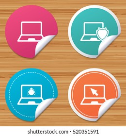 Round stickers or website banners. Notebook laptop pc icons. Virus or software bug signs. Shield protection symbol. Mouse cursor pointer. Circle badges with bended corner. Vector