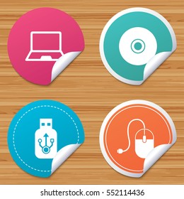 Round stickers or website banners. Notebook pc and Usb flash drive stick icons. Computer mouse and CD or DVD sign symbols. Circle badges with bended corner. Vector
