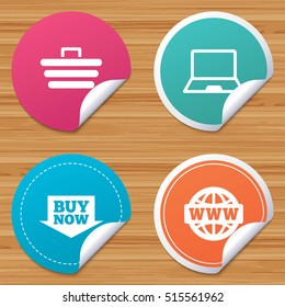 Round stickers or website banners. Online shopping icons. Notebook pc, cart, buy now arrow and internet signs. WWW globe symbol. Circle badges with bended corner. Vector