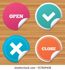 Round Stickers Or Website Banners. Open And Close Icons. Check Or Tick. Delete Remove Signs. Yes Correct And Cancel Symbol. Circle Badges With Bended Corner. Vector