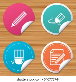 Round stickers or website banners. Pencil icon. Edit document file. Eraser sign. Correct drawing symbol. Circle badges with bended corner. Vector