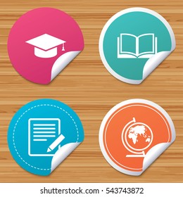 Round stickers or website banners. Pencil with document and open book icons. Graduation cap and geography globe symbols. Learn signs. Circle badges with bended corner. Vector