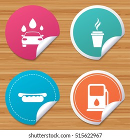 Round stickers or website banners. Petrol or Gas station services icons. Automated car wash signs. Hotdog sandwich and hot coffee cup symbols. Circle badges with bended corner. Vector