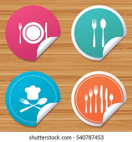 Round stickers or website banners. Plate dish with forks and knifes icons. Chief hat sign. Crosswise cutlery symbol. Dessert fork. Circle badges with bended corner. Vector