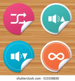 Round stickers or website banners. Player control icons. Sound louder and quieter signs. Dynamic symbol. Shuffle random and repeat loop. Circle badges with bended corner. Vector