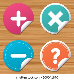Round stickers or website banners. Plus and minus icons. Delete and question FAQ mark signs. Enlarge zoom symbol. Circle badges with bended corner. Vector