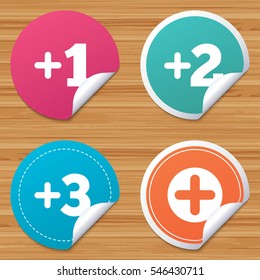 Round stickers or website banners. Plus icons. Positive symbol. Add one, two, three and four more sign. Circle badges with bended corner. Vector