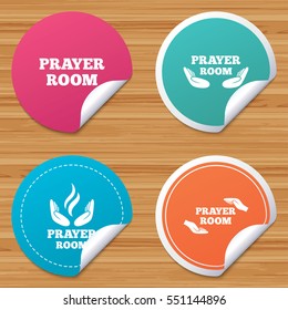 Round stickers or website banners. Prayer room icons. Religion priest faith symbols. Pray with hands. Circle badges with bended corner. Vector