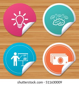 Round stickers or website banners. Presentation billboard, brainstorm icons. Cash money and lamp idea signs. Man standing with pointer. Scheme and Diagram symbol. Circle badges with bended corner