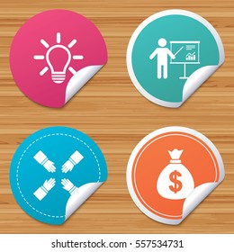Round stickers or website banners. Presentation billboard icon. Dollar cash money and lamp idea signs. Man standing with pointer. Teamwork symbol. Circle badges with bended corner. Vector