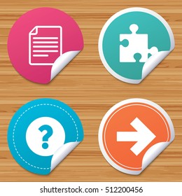 Round stickers or website banners. Question mark and puzzle piece icons. Document file and next arrow sign symbols. Circle badges with bended corner. Vector