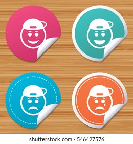Round stickers or website banners. Rapper smile face icons. Happy, sad, cry signs. Happy smiley chat symbol. Sadness depression and crying signs. Circle badges with bended corner. Vector