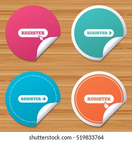 Round stickers or website banners. Register with hand pointer icon. Mouse cursor symbol. Membership sign. Circle badges with bended corner. Vector