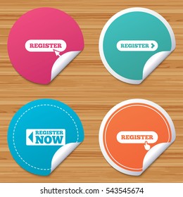 Round stickers or website banners. Register with hand pointer icon. Mouse cursor symbol. Membership sign. Circle badges with bended corner. Vector