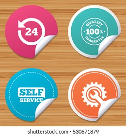 Round stickers or website banners. Repair fix tool icons. 24h Customer support service signs. 100% quality guarantee symbol. Cogwheel gear with wrench key. Circle badges with bended corner. Vector
