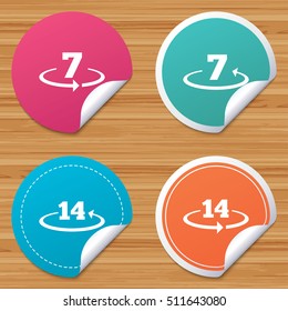 Round stickers or website banners. Return of goods within 7 or 14 days icons. Warranty 2 weeks exchange symbols. Circle badges with bended corner. Vector