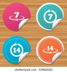 Round stickers or website banners. Return of goods within 7 or 14 days icons. Warranty 2 weeks exchange symbols. Circle badges with bended corner. Vector