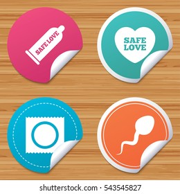 Round stickers or website banners. Safe sex love icons. Condom and package symbol. Sperm sign. Fertilization or insemination. Circle badges with bended corner. Vector