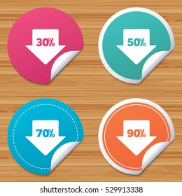 Round stickers or website banners. Sale arrow tag icons. Discount special offer symbols. 30%, 50%, 70% and 90% percent discount signs. Circle badges with bended corner. Vector