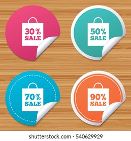 Round stickers or website banners. Sale bag tag icons. Discount special offer symbols. 30%, 50%, 70% and 90% percent sale signs. Circle badges with bended corner. Vector