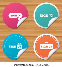 Round stickers or website banners. Sign in icons. Login with arrow, hand pointer symbols. Website or App navigation signs. Sign up locker. Circle badges with bended corner. Vector