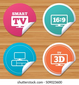 Round stickers or website banners. Smart TV mode icon. Aspect ratio 16:9 widescreen symbol. 3D Television and TV table signs. Circle badges with bended corner. Vector
