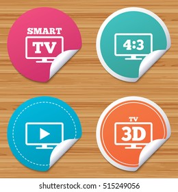 Round stickers or website banners. Smart TV mode icon. Aspect ratio 4:3 widescreen symbol. 3D Television sign. Circle badges with bended corner. Vector