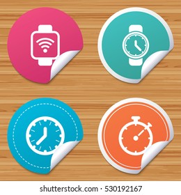 Round stickers or website banners. Smart watch wi-fi icons. Mechanical clock time, Stopwatch timer symbols. Wrist digital watch sign. Circle badges with bended corner. Vector