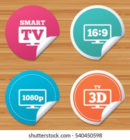 Round stickers or website banners. Smart TV mode icon. Aspect ratio 16:9 widescreen symbol. Full hd 1080p resolution. 3D Television sign. Circle badges with bended corner. Vector