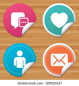 Round stickers or website banners. Social media icons. Chat speech bubble and Mail messages symbols. Love heart sign. Human person profile. Circle badges with bended corner. Vector