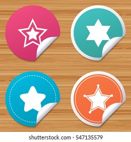 Round stickers or website banners. Star of David icons. Sheriff police sign. Symbol of Israel. Circle badges with bended corner. Vector