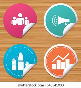 Round stickers or website banners. Strike group of people icon. Megaphone loudspeaker sign. Election or voting symbol. Hands raised up. Circle badges with bended corner. Vector