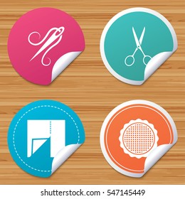 Round stickers or website banners. Textile cloth piece icon. Scissors hairdresser symbol. Needle with thread. Tailor symbol. Canvas for embroidery. Circle badges with bended corner. Vector