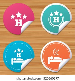 Round stickers or website banners. Three stars hotel icons. Travel rest place symbols. Human sleep in bed sign. Circle badges with bended corner. Vector
